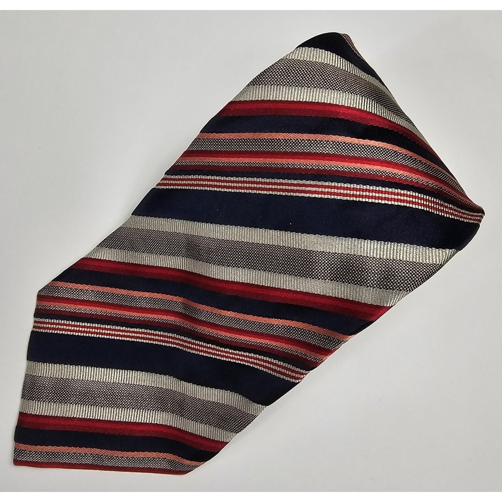 MASSIMO BIZZOCCHI by KITON Mens Silk Necktie ITALY Luxury STRIPED Navy Red Tan‎